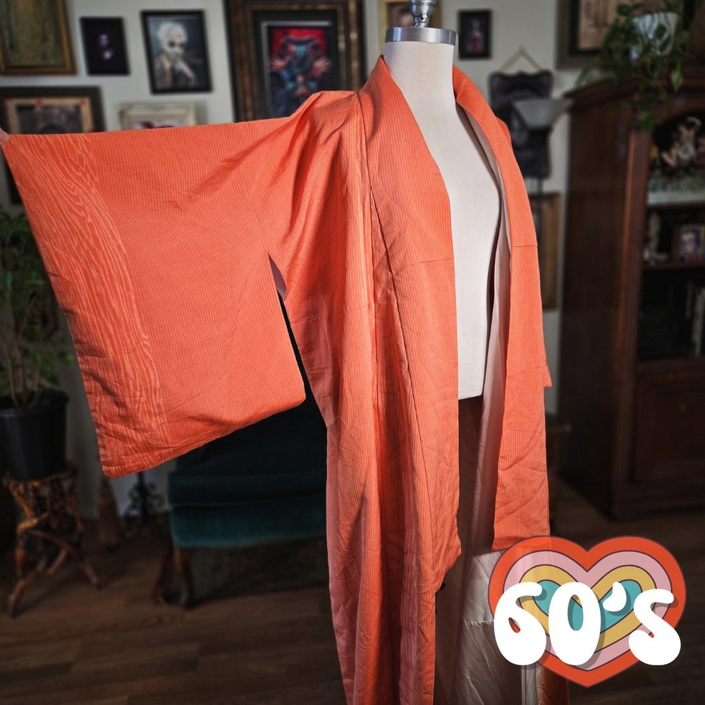 Haori Kimono Vintage 60s Orange Silk Striped Long Robe Japanese Traditional‎ Art